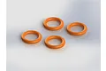 Four orange rubber O-rings arranged on a plain white background.
