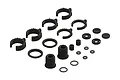 A set of black ARRMA RC shock spare parts including spring retainers, spacers, and O-rings on a white background.