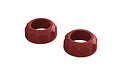Two red threaded shock adjustment collars for Arrma RC vehicles shown against a white background.