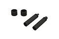 Two black ARRMA RC rear shock bodies and two matching spring spacers on a white background.
