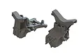 Two grey ARRMA RC car bulkhead and shock tower components shown from different angles against a white background.