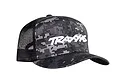 A Traxxas branded baseball cap with a grey and black digital camouflage pattern and a black mesh back.