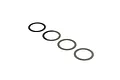 Four thin, flat, circular steel washers arranged in a diagonal line against a white background.