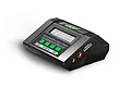 Tornado C-100 AC/DC smart battery charger with an LCD screen, four green control buttons, and output ports on a white background.