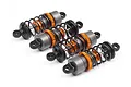 A set of four HPI Racing orange and grey threaded aluminium shock absorbers for RC cars, arranged diagonally on a white background.