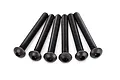 Six black metal button head screws with hex drive heads arranged in a fan shape against a white background.