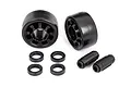Two black plastic wheelie bar wheels, four small spacers, and two axle pins for Traxxas X-Maxx RC car.