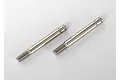 Two silver-coloured metal RC shock shafts with threaded ends, positioned diagonally on a white background.