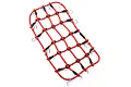 A red elastic luggage net for 1/10 scale RC vehicles, featuring black connectors and metal hooks around the perimeter.