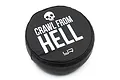 A black circular RC crawler spare tyre cover with a white skull icon and the text CRAWL FROM HELL printed on the front.