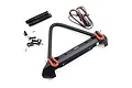 A black aluminium RC front bumper with red shackles, LED light wiring, and mounting hardware on a white background.