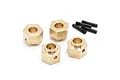 Four brass 12mm hex wheel adapters and four small black metal pins for an RC vehicle, arranged on a white background.