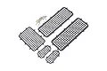 A set of black plastic window guard grilles for an RC crawler, including various sizes and a small bag of mounting screws on a white background.