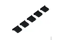 Five black rubber receiver connector covers arranged in a diagonal line on a white background.
