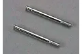Two shiny silver metal shock shafts for Traxxas RC cars, shown side-by-side on a grey background.