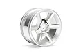 A single silver-coloured 6-spoke RC car wheel rim on a white background.