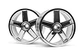 Two HPI Racing 2.1-inch chrome-finished five-spoke RC car rims positioned side-by-side against a white background.