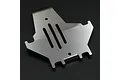 A stainless steel centre skid plate for an RC crawler, featuring a flat, angular design with cutouts and mounting holes, set against a dark background.
