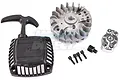 Rovan Easy Start pull start kit including a black plastic pull starter, metal flywheel, mounting screws, and a starter pawl assembly on a white background.