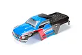 A pre-painted ARRMA Granite Voltage RC truck body shell in blue, red, and black with custom graphics on a white background.