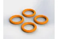 Four bright orange rubber O-rings arranged in a square formation on a plain white background.
