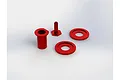 ARRMA red aluminium servo saver parts set including a sleeve, a hex-based post, and two circular washers on a white background.