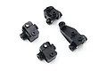 A set of four black anodized aluminium suspension link axle mounts for an RC crawler, arranged on a white background.
