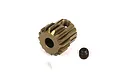 A bronze-colored metal pinion gear with a small black grub screw positioned next to it on a white background.