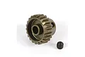 A bronze-coloured aluminium RC pinion gear with a separate small grub screw, isolated on a white background.