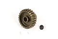 A hard-coated aluminium pinion gear with a small grub screw on a white background.