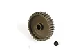 A bronze-coloured aluminium pinion gear with a small black grub screw beside it on a white background.