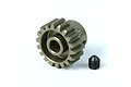 A hard-coated aluminium 18T 0.6Mod pinion gear with a small black grub screw on a white background.