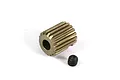 A gold-coloured aluminium 18T 64dp pinion gear with a small black grub screw placed next to it on a white background.