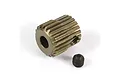 A bronze-coloured aluminium RC pinion gear with a small black grub screw placed next to it on a white background.