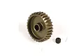 A bronze-coloured aluminium RC pinion gear with a separate small black grub screw on a white background.