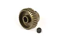 A bronze-coloured aluminium pinion gear with a small grub screw placed next to it on a white background.