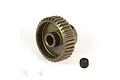 A hard-coated aluminium pinion gear with a small grub screw next to it on a white background.