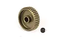 A bronze-coloured aluminium pinion gear with a small grub screw placed on a white background.
