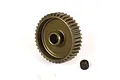 A bronze-coloured aluminium pinion gear with a small black grub screw positioned below it on a white background.