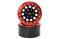 Two Yeah Racing 1.9 inch black aluminium crawler rims with red beadlock rings stacked on a white background.