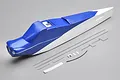 A bare foam fuselage for the HobbyZone Sport Cub S RC plane, painted blue and white, with included metal pushrods and small plastic hardware parts.