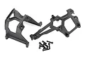Traxxas E-Revo VXL 2.0 front and rear chassis support braces made of black plastic, shown with included mounting screws.