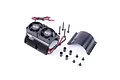 Yeah Racing black aluminium motor heat sink with twin cooling fans, mounting hardware, and a curved metal cover on a white background.