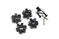 Four black aluminium 12mm wheel hex adapters with 6.0mm thickness markings, accompanied by four metal pins and four small screws on a white background.