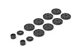 A set of black RC shock pistons and spacers arranged on a white background.