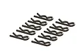 A set of ten small black metal body clips for RC vehicles arranged in two rows on a white background.