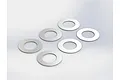 Six flat silver-coloured metal washers arranged in a grid pattern on a white background.