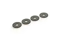 Four small, flat, circular steel washers arranged in a diagonal line against a white background.