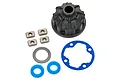 Traxxas heavy duty differential case set including a black plastic housing, metal shims, blue rubber seals, and a blue gasket.