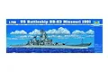 Box art for a 1/700 scale Trumpeter plastic model kit of the US Battleship BB-63 Missouri 1991, featuring an illustration of the ship at sea.